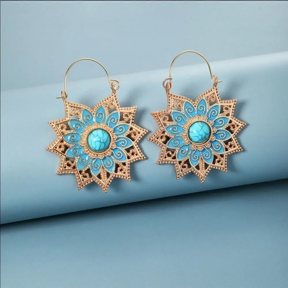 Earrings BOHO style Sunflower Turquoise